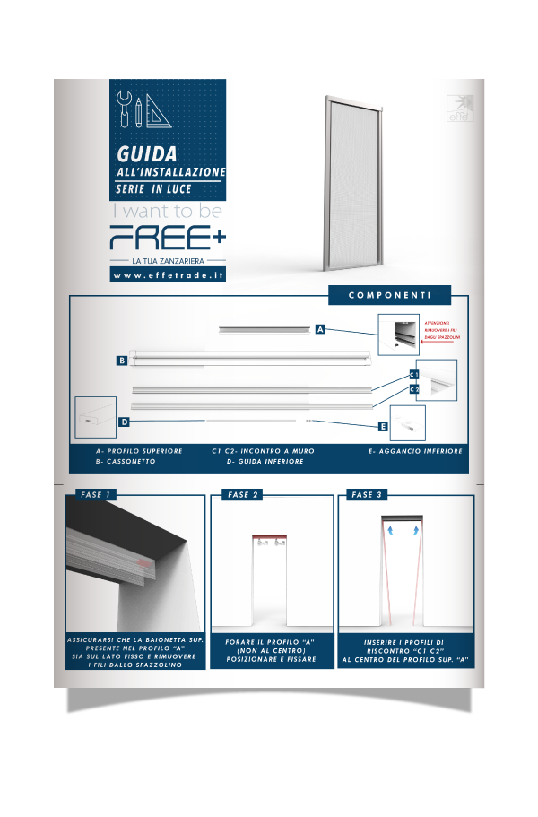 Mockup del libretto delle istruzioni di montaggio della zanzariera Free+ con copertina che ritrae i componenti e le varie fasi di montaggio
