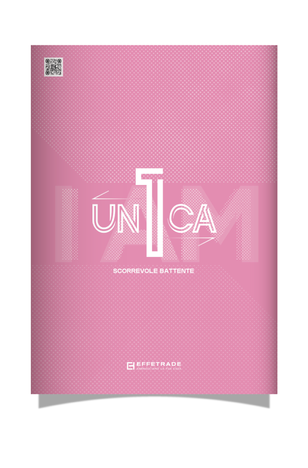 Mockup del catalogo della zanzariera UN1CA con copertina con background rosa e visual con logo della zanzariera.